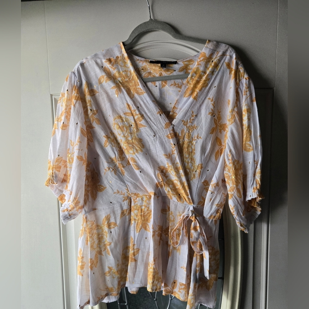 Harve Benard Floral Wrap Top‎ in White and Yellow - Plus Size 2XL